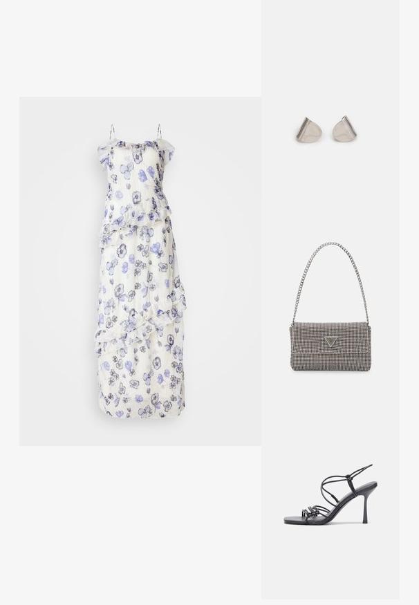 Dolga, prosojna obleka s cvetličnim vzorcem v odtenkih modre in sive. Ima volanaste plasti in nežne ramenske naramnice. Bela osnova.; Črne visoke sandale na peto imajo tanke naramnice z vozlom, gladek kvadratni toe in eleganten stiletto peto.; Svetlo siva kovinska torbica z verižnim ročajem, okrašena z majhnimi okroglimi kovinskimi bleščicami in trikotnim logotipom blagovne znamke.; Srebrne uhane z gladko, kapljično obliko in poliranim finishem. Nežna graviranja dodajajo detajle. Minimalističen dizajn.