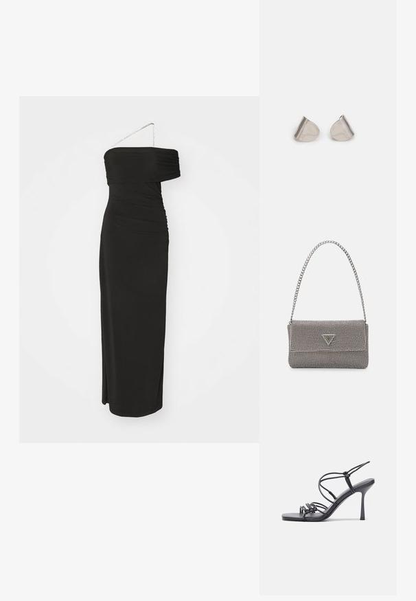 Černé šaty bez ramínek s rouškovanou texturou, elegantní silueta, boční rozparek a tenký řetízek pro detaily. Vyrobeno z elastického materiálu.; Černé high-heeled sandály mají tenké pásky s uzlovým designem, hladký čtvercový špičku a elegantní jehlový podpatek.; Světle šedá kovová kabelka s řetízkem, zdobená malými kulatými kovovými cvočky a trojúhelníkovým logem značky.; Stříbrné kovové náušnice s hladkým tvarem slzy a lesklým povrchem. Jemné rytiny přidávají detail. Minimalistický design.