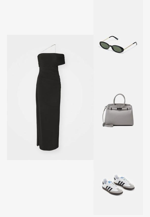 Rochie neagră, cu umeri goi, cu textură plisată, siluetă elegantă, fanta pe lateral și o curea subțire pentru detaliere. Confecționată din material elastic.; Încălțăminte sport cu un superior din piele albă, vârf din suede gri și trei dungi negre. Prezintă un logo albastru pe limbă și o talpă din cauciuc texturat.; Ochelari de soare cu rame ovale, lentile verzi, față din plastic negru și brate subțiri din metal aurit. Prezintă un design minimalist cu o textură netedă.; Geantă de piele gri cu două mânere, curea detașabilă, textură netedă și un închizător metalic în față. Formă rotundă și design minimalist.