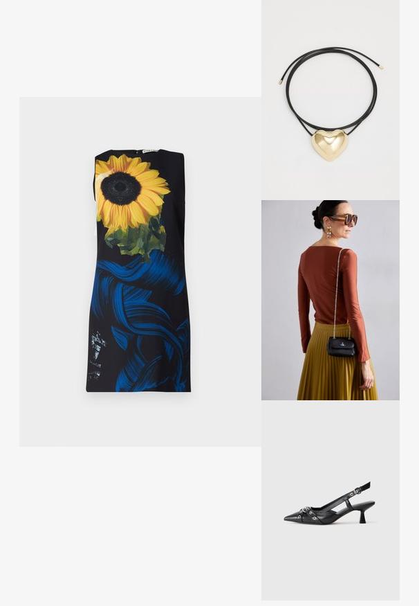 Robe sans manches avec un fond noir présentant un grand motif de tournesol et des motifs en coups de pinceau bleus ; texture de tissu lisse.; Chaussure slingback en cuir noir avec un bout pointu, des sangles décoratives avec œillets en métal et un petit talon carré. Surface texturée.; Vivienne Westwood SMALL PURSE CHAIN - Sac bandoulière - black; Collier en cordon tressé noir avec un pendentif en forme de cœur en or poli, aux courbes douces et à la finition brillante.