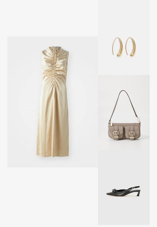 Szatén bézs ruha ujjatlan kivitelben, az elején ráncolt részletekkel, és ékszer díszítéssel a nyakvonal körül.; Fekete bőr szandál kis sarkú, hegyes orral, díszes csattal a felsőrészen. Simább textúra, minimalista design.; Beige textúrájú kézitáska állítható pánttal, két elülső zsebbel, amelyek csattal záródnak, és arany színű kiegészítőkkel. A tetején cipzáros záródás.; Aranyszínű fémből készült karika fülbevalók ívelt, hosszúkás formával. Simaságával és fényes felületével, valamint lekerekített végével további részletekkel bővül.