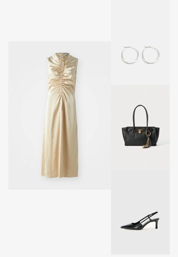 Satin-beiges Kleid mit ärmellosem Design, gerafften Details an der Vorderseite und Juwelenakzenten am Ausschnitt.; Schwarze Lack-Slingback-Pumps mit spitzem Zehenbereich, versehen mit strukturiertem Schlangenprint, verstellbarem Riemen und einem kurzen, strukturierten Blockabsatz.; Schwarze Lederhandtasche mit doppelten Griffen, goldfarbener Verschluss- und Kettendetails sowie einem schwarz-weißen Quastenaccessoire vor weißem Hintergrund.; Silberne Creolen zeichnen sich durch ein glattes, rundes Design mit einem schlanken Profil und einem sicheren Verschluss aus. Minimalistischer Stil mit glänzender Oberfläche.