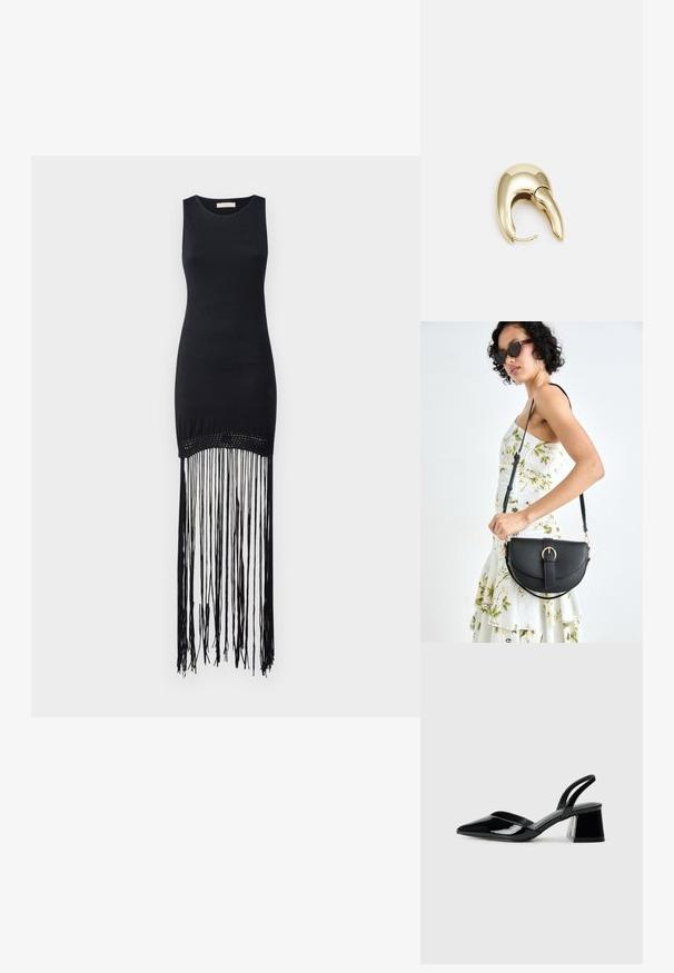 Čierne šatôčky bez rukávov s priliehavým korzetom, ktorý má strapcovitý lem z dlhých čiernych pramienkov a textúrovaný pletený pás v oblasti pásu.; Čierne lakované kožené sandálové podpätky s špicatou špičkou a geometrickým blokovým podpätkom. Disponujú elegantným, minimalistickým dizajnom a hladkým povrchom.; Čierna kožená kabelka s zaobleným tvarom, odnímateľným popruhom a zlatými doplnkami. Kabelka má klopu s detailom s prackou.; Náušnice z kovu v zlatej farbe s elegantným, zakriveným dizajnom. Majú charakteristický špicatý tvar, leštený povrch a uzáver na pánt.