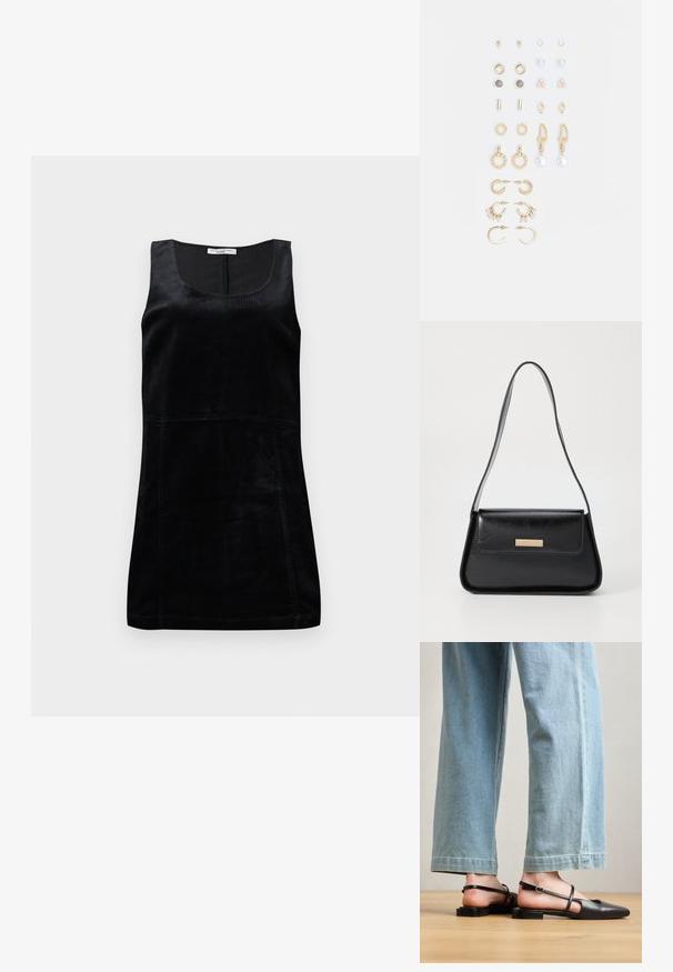 Top negru fără mâneci, realizat dintr-un material ribbed. Prezintă un decolteu în formă de scoică și o siluetă ajustată cu detalii verticale de cusătură.; Pantofi slingback din piele neagră, cu vârf ascuțit, toc plat și curea la gleznă; purtați cu blugi cu picioare late, de culoare albastru deschis.; Geantă de piele neagră cu o formă triangulară structurată, curea subțire și accesorii din metal de culoare aurie, având un plăcuță cu logo pe clapeta din față.; Set de cercei aurii, cu diverse designuri, inclusiv cercei tip stud, cercei hoop și cercei lungi cu perle și strassuri.