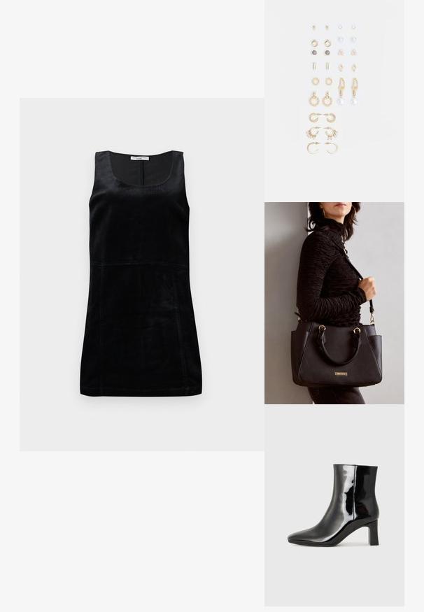 Fekete ujjatlan felső bordázott anyagból. Mélyen kivágott nyakkivágással rendelkezik, és testhezálló sziluettjével, valamint függőleges varrási részleteivel tűnik ki.; Fekete lakk bőrcipő bokáig érő, hegyes orral és közepes magasságú tömbsarokkal. Simább textúrával és minimalista dizájnnal rendelkezik.; Fekete kézitáska texturált felülettel, dupla felső fogantyúval és állítható vállpánttal. Arany színű fém kiegészítők és oldalsó zsebek találhatók rajta.; Arany tónusú fülbevalók szettje, amely különféle mintákat tartalmaz, beleértve a stift fülbevalókat, karikákat és gyöngyökkel és strasszokkal díszített hosszú fülbevalókat.