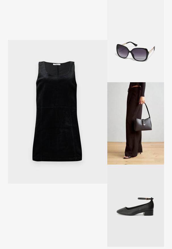 Črna brezrokavna majica iz rebraste tkanine. Ima izrezan ovratnik in prilegajočo silhueto z navpičnimi šivi.; Črne usnjene pumpice z nazobčanimi prsti in nizko blokasto peto. Imajo trak okoli gležnja z zaponko v zlatem tonu. Gladka tekstura.; Črne prevelike sončne očala z degradacijskimi lečami, debelimi okvirji in zlatimi verižicami na ročajih.; Črna torbica z strukturirano obliko, gladko teksturo in kovinskim zaponko. Ujemajo se z širokimi črnimi hlačami in odprtimi sandali na lesenem tleh.