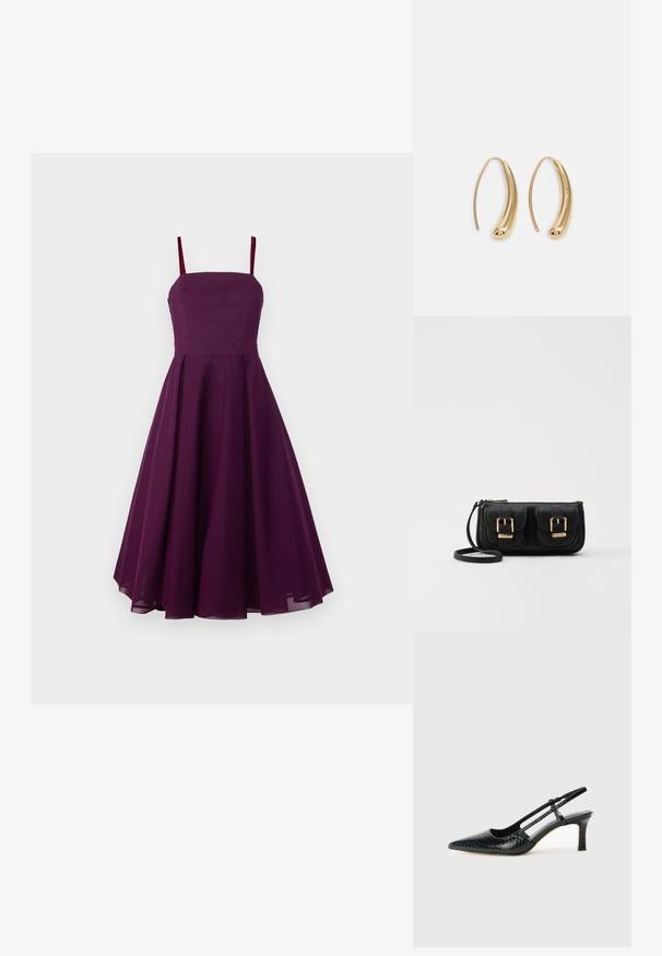 Um vestido sem mangas, até ao joelho, em púrpura profundo, com um corpete ajustado, saia evasé e alças finas e ajustáveis. Textura do tecido suave.; Salto slingback em patente preta com bico apontado, apresentando um padrão de pele de cobra texturizado, tira ajustável e um salto bloco curto e texturizado.; Bolsa de ombro em couro preto com dois bolsos frontais, fivelas douradas, fecho de zíper e uma alça fina. Superfície texturizada e forma retangular compacta.; Brincos em metal dourado com forma de arco alongado e curvado. Apresentam uma superfície lisa e brilhante, com uma ponta arredondada para um detalhe adicional.