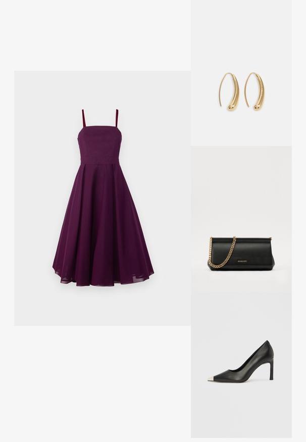 Haljinica bez rukava do koljena u dubokoj ljubičastoj boji, sa uskim korzetom, lepršavom suknjom i tankim, podesivim bretelama. Glatka tekstura tkanine.; Crna kožna cipela s visokim potpeticama, špicastim vrhom i metalnim srebrnim vrhom. Ima glatku završnu obradu i tanku petu visine 10 cm.; Crna kožna torbica sa zlatnim lančićem, koja se odlikuje glatkom teksturom, pravokutnim oblikom i utisnutim brendom na prednjoj strani.; Zlatne metalne naušnice u obliku obruča s zakrivljenim, izduženim oblikom. Imaju glatku, sjajnu površinu i zaobljeni vrh za dodatni detalj.