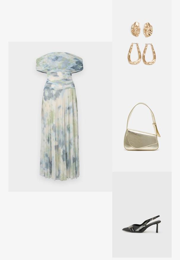 Plissert off-the-shoulder kjole i lett stoff, med et blått og grønt akvarellmønster og myk, flytende tekstur.; Sorte patentlær slingback-sko med spiss tå, ankelremmer med sølvspenner og detaljer, og en slank hæl.; Gullfarget metallisk håndveske med en strukturert design, glatt tekstur og justerbar stropp. Har en unik trekantet form og minimalistisk søm.; Gullfargede øredobber med teksturerte, bølgete former. Inkluderer skulpturelle klipsstuds og åpen hoop-design med en hamret finish.