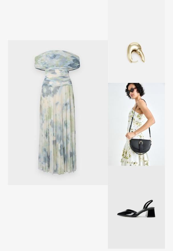Pleated off-the-shoulder dress in light fabric, featuring a blue and green watercolor pattern with soft, flowing texture.; Black patent leather slingback heels with a pointed toe and a geometric block heel. Features a sleek, minimal design and smooth texture.; Black leather handbag with a curved shape, detachable strap, and gold hardware. The bag features a flap with a buckle detail.; Gold-tone metal earring with a sleek, curved design. Features a distinctive pointed shape, polished surface, and hinge closure.