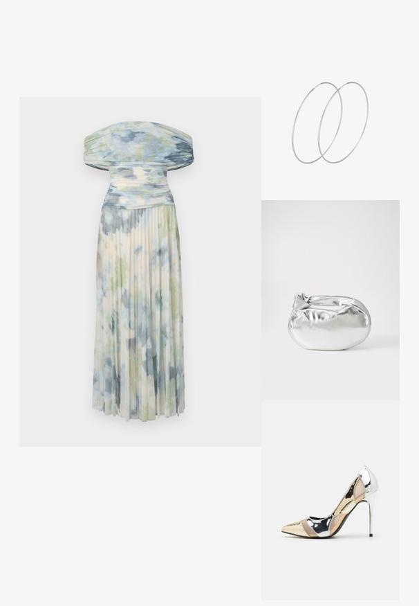 Faltenkleid mit schulterfreiem Schnitt aus leichter Stoffqualität, das ein blau-grünes Aquarellmuster mit weicher, fließender Textur aufweist.; Spitz zulaufender High-Heel-Schuh in einer Farbgestaltung aus Silber, Gold und Nude. Glänzende Oberfläche mit Ausschnittdesign und stiletto Absatz.; Silberne metallic Pouch-Tasche mit einer sanften, abgerundeten Form und einem geknoteten Verschluss oben. Hergestellt aus glattem Kunstleder.; Silberne Creolen mit minimalistischem Design. Rundform, glatte Oberfläche und dünnes Profil. Leichtgewichtig mit hochglänzender Oberfläche.