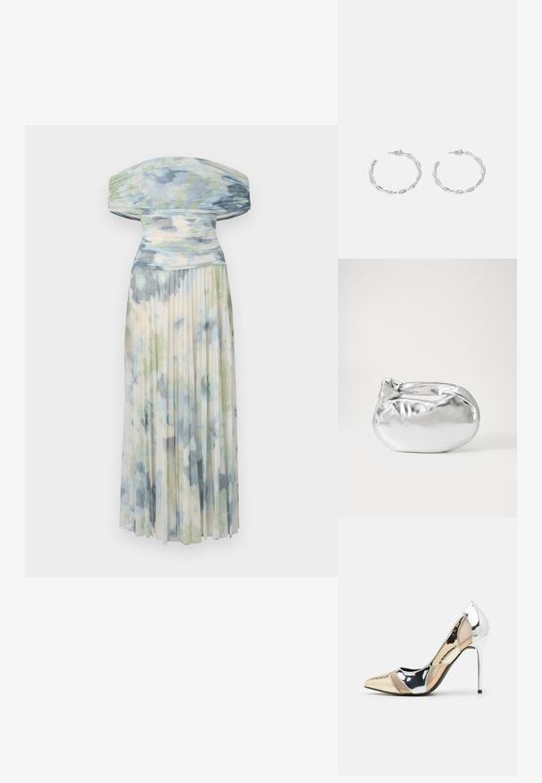 Plisserad off-the-shoulder klänning i lätt tyg, med ett blått och grönt akvarellmönster och en mjuk, flödande textur.; Spetsig tå högklackad sko med en färgpalett av silver, guld och nude. Glansig yta med utskärningsdesign, utrustad med en stilettklack.; Silverfärgad metallisk påse med en mjuk, rundad form och en knutstängning upptill. Tillverkad av ett mjukt material i konstläder.; Silverörhängen med en vriden design som har en blank yta och bakåtlås. Mått ca 3 cm i diameter.