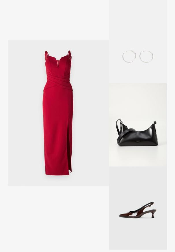 WAL G. RAMIRA DRESS - Ένδυση για ειδικές περιστάσεις - dark red; Καφέ πατωμένο δερμάτινο παπούτσι slingback με μυτερή μύτη και μέτριο τακούνι. Διαθέτει ιμάντα με αγκράφα για ασφαλή εφαρμογή. Λείο υλικό.; Μαύρη δερμάτινη τσάντα χειρός με λεία υφή. Διαθέτει ρυθμιζόμενο λουρί και κομψό, μινιμαλιστικό σχέδιο με φερμουάρ.; Ασημένια σκουλαρίκια κρίκοι με κομψό, στρογγυλό σχέδιο, που διαθέτουν λεία επιφάνεια και χωρίς ορατά διακοσμητικά στοιχεία. Η διάμετρος δεν αναφέρεται.