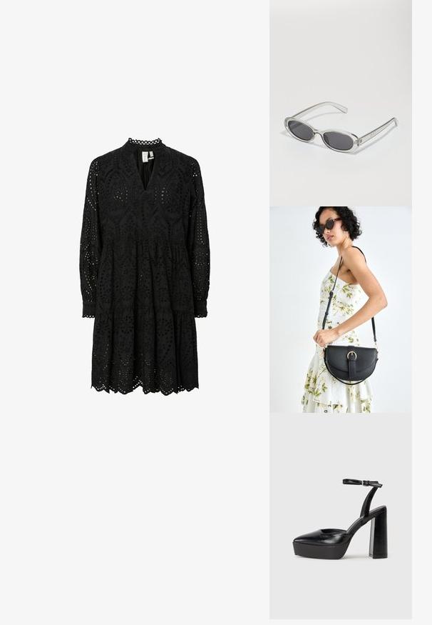 Svart, langermet kjole med intrikate utskjæringsmønstre, v-hals og en lagdelt skjørt med bølget kant og broderte detaljer.; Sorte plattformhelter med spiss tå og justerbar ankelrem. Laget av glatt lær, med en robust blokkhel.; Solbriller med oval form, klar plastramme, mørkegrå linser og tynne gjennomsiktige armer med logopunksjoner og minimal detaljering.; Svart lærveske med en buet form, avtagbar stropp og gullbeslag. Vesken har et klaff med spenne-detall.