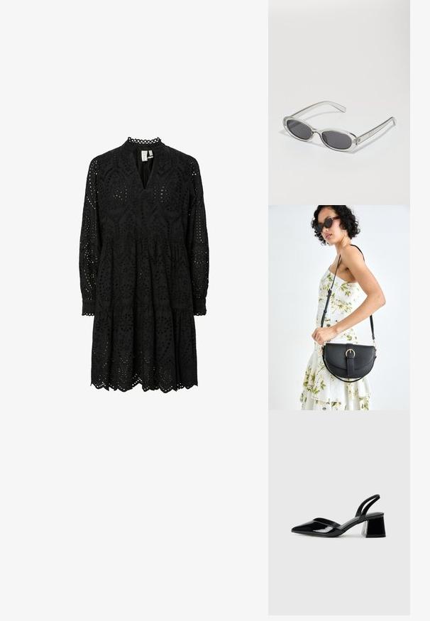Črna obleka z dolgimi rokavi, ki vsebuje zapletene izrezane vzorce, dekolte v obliki črke V in plasten z robom z valovitimi robovi ter vezeninami.; Črne lakirane slingback pete s koničastim nosom in geometrijsko blokasto peto. Imajo eleganten, minimalističen dizajn in gladko teksturo.; Sončna očala ovalne oblike, prozoren plastičen okvir, temno sivi leči in tanke prozorne roke z logotipnimi akcenti in minimalnimi detajli.; Črna usnjena torbica s ukrivljeno obliko, z odstranljivo naramnico in zlatimi dodatki. Torbica ima pokrov s podrobnostmi v obliki zaponke.