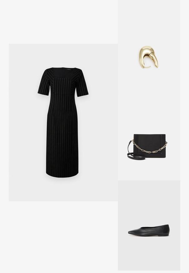 Svart kjole med korte ermer, firkantet hals, og vertikale hvite striper. Skreddersydd design, kne-lengde, glatt tekstil.; Sorte lærballerina med spiss tå, minimalistisk design, glatt tekstur, lav hæl uten synlig metall eller dekorasjoner.; Svart lær crossbody-veske med glatt tekstur, rektangulær form og metallkjede detaljer på framsiden. Justerbar stroppe inkludert.; Gullfarget metalløredobber med et elegant, buet design. Har en karakteristisk spiss form, polert overflate og hengsel-lukking.