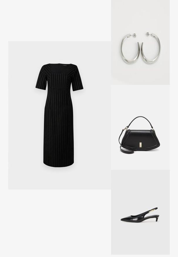 Černé šaty s krátkými rukávy, čtvercovým výstřihem a vertikálními bílými pruhy. Klasický střih, délka po kolena, hladká textilie.; Černé kožené boty na podpatku s otevřenou patou a špičatou špičkou, s tenkým podpatkem a zlatým akcentem na nastavitelném pásku. Hladký povrch.; Černá kožená kabelka se strukturovaným designem, jejíž tvar je zkrácený, má horní rukojeť a zlaté kovové detaily. Součástí je i nastavitelný ramenní popruh.; Stříbrné kruhové náušnice s hladkým, zakřiveným designem. Vyznačují se lesklým kovovým povrchem a zapínáním na patent. Žádné viditelné vzory nebo akcenty.
