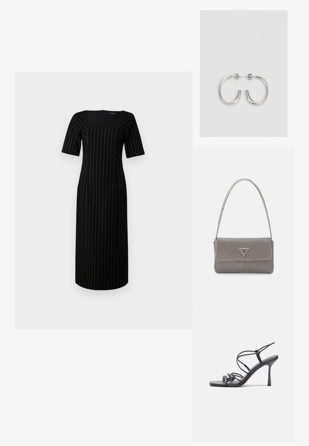 Crna haljina s kratkim rukavima, kvadratnim izrezom i vertikalnim bijelim prugama. Krojena, do koljena, s glatkom teksturom tkanine.; Crne sandale na visokoj potpetici imaju tanke trake s čvorastim dizajnom, glatki kvadratni vrh i elegantnu stiletto petu.; Svijetlosivi metalik ruksač s lancem, ukrašen malim okruglim metalnim zakovicama i trokutastim logotipom marke.; Srebro naušnice u obliku prstena s glatkom, sjajnom završnom obradom. Zaobljenog oblika, laganog dizajna, s kopčom na poleđini.