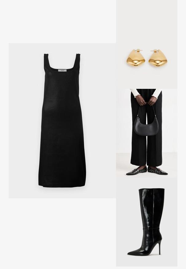 Svart ärmlös klänning med fyrkantig halsringning och rak silhuett. Tillverkad av ett slätt, lätt tyg med en minimalistisk design.; Svarta läderknähöga stövlar med spetsig tå och hög stilettklack. Slät textur och elegant design med minimal detaljer.; Svart läderaxelväska med rundad form, glänsande yta och silverdetaljer. Person bär svarta vida byxor och nitprydda loafers.; Guldtonade metallörhängen med en slät, rundad triangulär form och design med postback; reflekterande yta med minimal detaljering.
