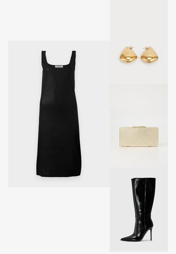Black sleeveless dress with a square neckline and a straight silhouette. Made from a smooth, lightweight fabric with a minimal design.; Black leather knee-high boots with a pointed toe and high stiletto heel. Smooth texture and sleek design, featuring minimal detailing.; Gold clutch purse with a smooth metallic finish, rectangular shape, and a simple clasp closure. No visible patterns or decorations.; Gold-tone metal earrings with a smooth, rounded triangular shape and post-back design; reflective surface with minimal detailing.