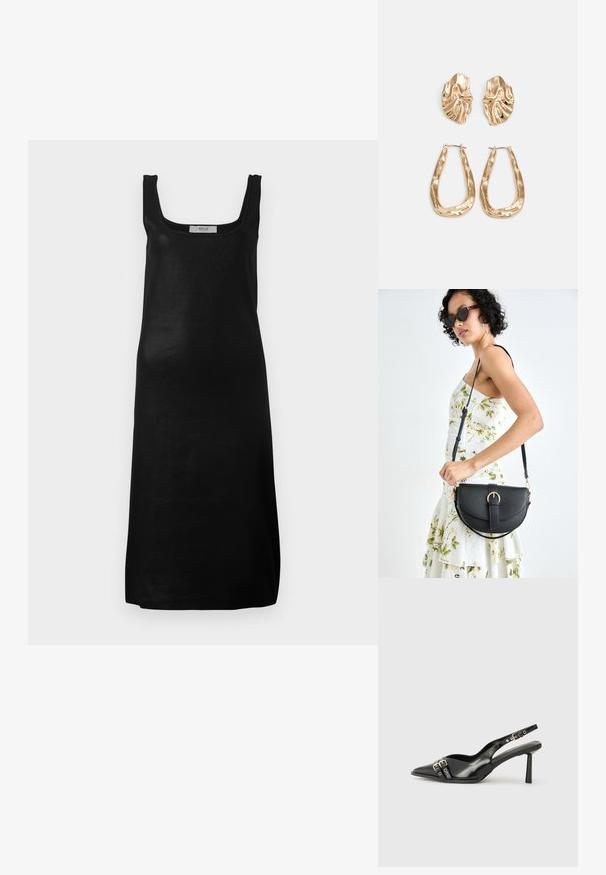 Black sleeveless dress with a square neckline and a straight silhouette. Made from a smooth, lightweight fabric with a minimal design.; Black patent leather slingback shoe with pointed toe, ankle straps featuring silver buckles and hardware, and a slender heel.; Black leather handbag with a curved shape, detachable strap, and gold hardware. The bag features a flap with a buckle detail.; Gold-tone earrings featuring textured, wavy shapes. Includes sculptural clip-on studs and open hoop design with a hammered finish.