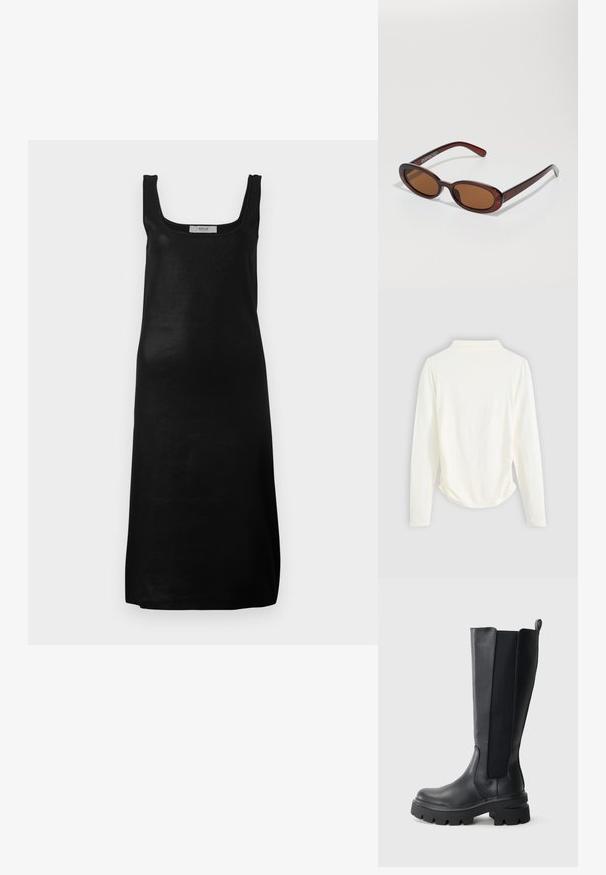Sort ærmeløs kjole med firkantet udfskæring og lige silhuet. Fremstillet i et glat, let materiale med et minimalistisk design.; Langærmet top i cremet stof med let samling i siderne og klassisk krave. Glat tekstur, enkelt design.; Sorte knæhøje støvler med en glat læderoverflade og kontrasterende elastiske sidepaneler. Tykk gummisål med markant mønster.; Runde, bruntonede solbriller med en glansfuld bordeauxramme. Slanke arme med diskret brandingdetalje. Flad linsedesign.; Vævnet bordeaux læder taske med en afrundet krop, tyk håndtag og lynlåsåbning. Har en glat tekstur og sammenflettet mønster.