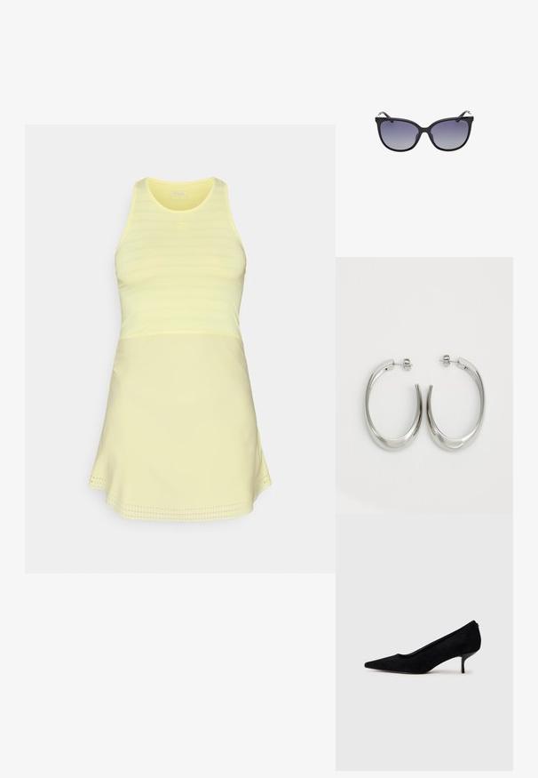 Light yellow sports dress with a fitted top and flared skirt, featuring a textured pattern and a logo on the chest area.; Black suede high heel shoe with a pointed toe and a slim, low heel. Smooth texture with a sleek design, featuring no visible hardware.; Black cat-eye sunglasses with gradient lenses, featuring a smooth plastic frame and subtle metallic accents on the temples.; Silver hoop earrings with a smooth, curved design. Features a shiny metallic finish and stud closure. No visible patterns or accents.