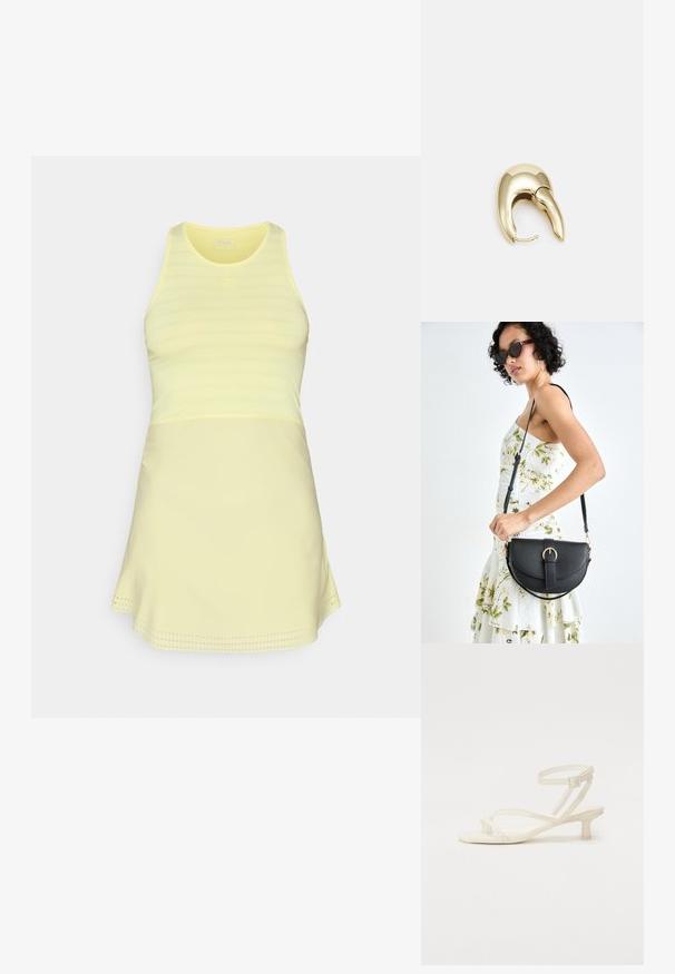 Svetložlté športové šaty s priliehavým vrchom a rozšírenou sukňou, s textúrovaným vzorom a logom na oblasti hrudníka.; Svetlo slonovinová sandál s tenkými remienkami a nízkym, blokovým podpätkom. Vyrobený z hladkého materiálu, s tenkými remienkami a prackou okolo členku.; Čierna kožená kabelka s zaobleným tvarom, odnímateľným popruhom a zlatými doplnkami. Kabelka má klopu s detailom s prackou.; Náušnice z kovu v zlatej farbe s elegantným, zakriveným dizajnom. Majú charakteristický špicatý tvar, leštený povrch a uzáver na pánt.