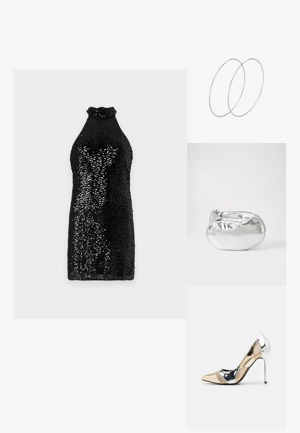 Robe noire en sequins avec un col haut, formant une silhouette cintrée. Le tissu scintille avec une texture réfléchissante et une finition lisse.; Chaussure à talon aiguille à bout pointu avec un schema de couleurs argent, or et nude. Fini brillant avec un design découpé, dotée d'un talon stiletto.; Pochette en métal argenté avec une forme douce et arrondie et un fermoir en haut noué. Fabriquée en simili cuir lisse.; Boucles d'oreilles en argent au design minimaliste. Forme circulaire, texture lisse et profil fin. Légères avec une finition polie.