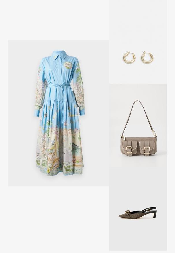 Vestido azul claro com mangas longas impressas apresentando ilustrações coloridas; com colarinho, cintura amarrada e saia plissada.; Sapatos de salto slingback com bico fino, tecido castanho estampado, detalhe de fivela dourada, tira em couro preto e salto bloco curto.; Bolsa de mão texturizada bege com alça ajustável, dois bolsos frontais fechados por fivelas e detalhes em metal dourado. Fecho em zíper na parte superior.; Lauren Ralph Lauren BASIC SMALL HOOP - Brincos - gold-coloured
