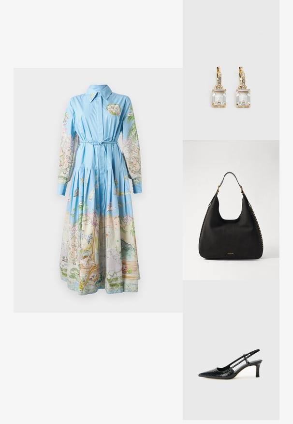 Šviesiai mėlyna suknelė su ilgomis spausdintomis rankovėmis, turinčiomis spalvingus piešinius; su apykakle, rišama juosmens ir plisuota sijonine dalimi.; Juodai lakuoti slingback aukštakulniai su smailiu nosiu, su tekstūruotu gyvatės raštu, reguliuojama juosta ir trumpu, tekstūruotu blokiniu kulnu.; MICHAEL Michael Kors NOLITA HOBO  - Rankinė - black; Auksinės spalvos auskarai, kuriuose yra stačiakampis, skaidrus kristalas, kabantis po eile mažų, apvalių skaidrių akcentų. Šiuolaikiškas, modernus dizainas.