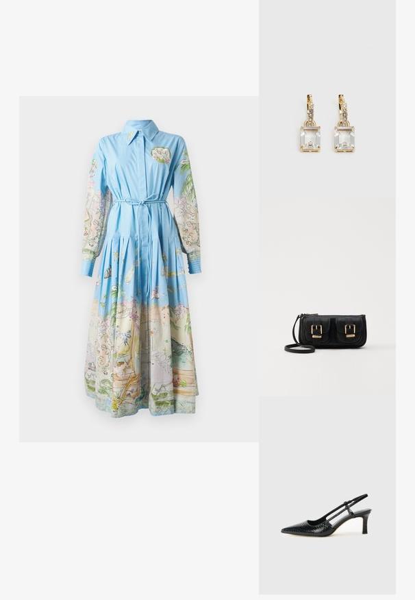 Világoskék ruha hosszú nyomtatott ujjakkal, színes illusztrációkkal; galléros, megkötős derék és pliszézett szoknya.; Fekete lakk slingback sarok, hegyes orral, texturált kígyómintával, állítható pánttal és rövid, texturált tömbsarkal.; Fekete bőr keresztbody táska két elülső zsebbel, arany csattokkal, cipzáras záródással és vékony pánttal. Textúrált felület és kompakt téglalap alak.; Aranyszínű fülbevalók, melyek egy téglalap alakú, tiszta kristállyal díszítették, ami egy sor kis, kerek, tiszta kiegészítő alatt lóg. Letisztult, modern dizájn.