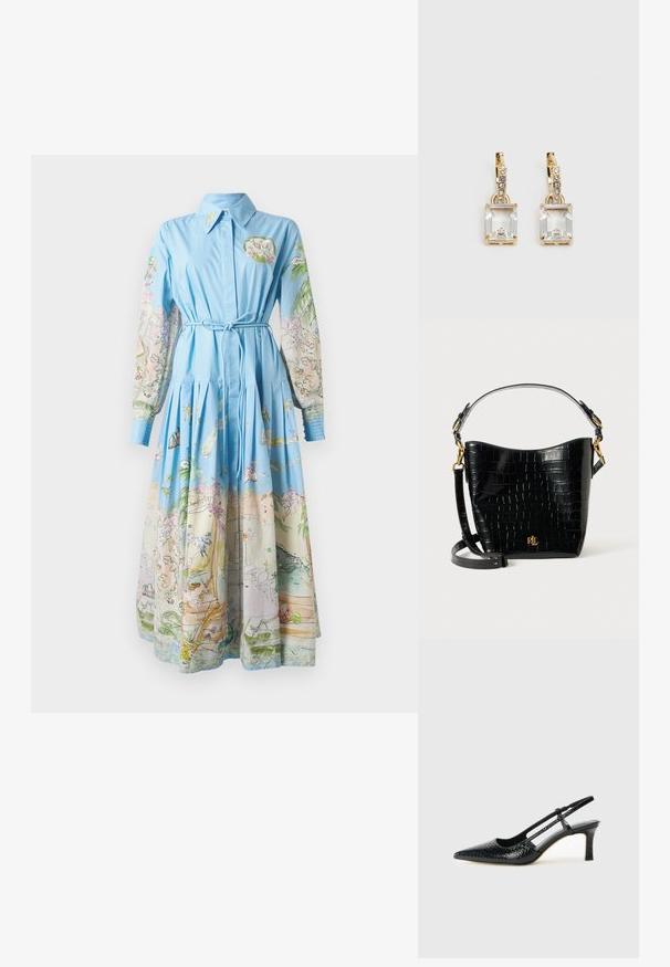 Abito azzurro chiaro con lunghe maniche stampate che presentano illustrazioni colorate; colletto, vita legata e gonna plissettata.; Slingback con tacco in vernice nera con punta affusolata, caratterizzato da una stampa a serpente testurizzata, cinturino regolabile e un tacco corto e testurizzato.; Borsa in pelle nera con effetto coccodrillo, dalla forma curvata, con dettagli in metallo dorato, una tracolla regolabile e un logo sul davanti.; Orecchini in tonalità dorata con un cristallo trasparente rettangolare sospeso sotto una fila di piccoli accenti trasparenti rotondi. Design elegante e moderno.