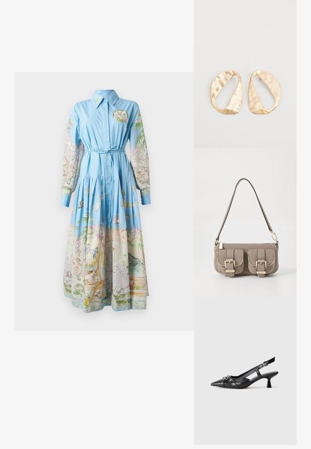 Vestido azul claro com mangas longas impressas apresentando ilustrações coloridas; com colarinho, cintura amarrada e saia plissada.; Sapato slingback em couro preto com biqueira fina, tiras decorativas com ilhós de metal e um pequeno salto quadrado. Superfície texturizada.; Bolsa de mão texturizada bege com alça ajustável, dois bolsos frontais fechados por fivelas e detalhes em metal dourado. Fecho em zíper na parte superior.; Par de brincos irregulares em forma oval, feitos de metal dourado, com uma superfície texturizada e ligeiramente martelada, sobre um fundo branco.