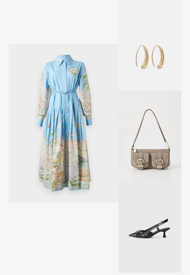 Svetlomodré šaty s dlhými potlačenými rukávmi, ktoré obsahujú farebné ilustrácie; s golierom, viazaný pás a plisovaná sukňa.; Čierne kožené slingback topánky s špicatou špičkou, ozdobnými popruhmi s kovovými očkami a nízkym blokovým podpätkom. Textúrovaný povrch.; Bežová taška s textúrou a nastaviteľným popruhom, dve predné vrecká zabezpečené prackami a zlaté kovové prvky. Zips na vrchu.; Náušnice vo forme zlatých kovových kruhov s zakriveným, predĺženým tvarom. Majú hladký, lesklý povrch a zaoblený koniec pre pridanie detailu.