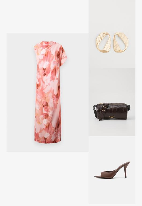 Vestido maxi floral em tons suaves de rosa e pêssego, apresentando um padrão abstrato em aquarela, mangas curtas e uma silhueta descontraída.; Mules de salto alto abertas, em couro castanho, com um design elegante, apresentando uma larga tira na parte da frente e um esbelto salto agulha.; Bolsa de couro com textura de crocodilo na cor marrom, com forma cilíndrica, metalizações em tom dourado e uma alça destacável com tachas.; Par de brincos irregulares em forma oval, feitos de metal dourado, com uma superfície texturizada e ligeiramente martelada, sobre um fundo branco.
