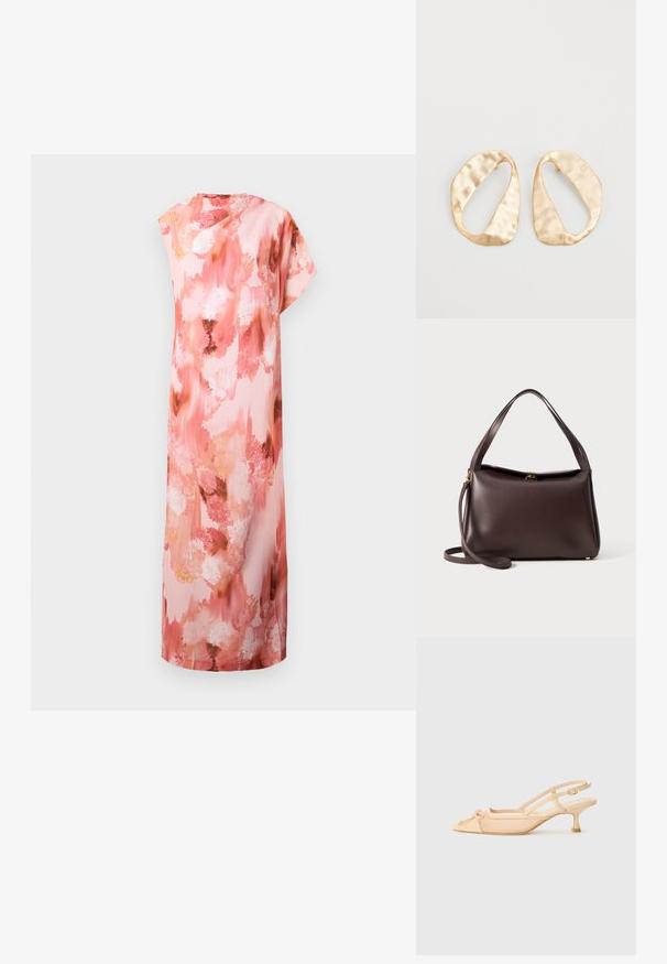 Rochie maxi floral în nuanțe de roz pal și piersică, cu un model abstract în acuarelă, mâneci scurte și o siluetă relaxată.; Stuart Weitzman KITTY - Pantofi clasici cu toc - beige/barely beige; Geantă din piele maro, cu o formă structurat, având un singur mâner superior și un curea de umăr detașabilă. Detalii din metal cu ton auriu.; O pereche de cercei din metal de culoare aurie, cu formă ovală neregulată, având o suprafață texturată, ușor ciocănită, pe un fundal alb.