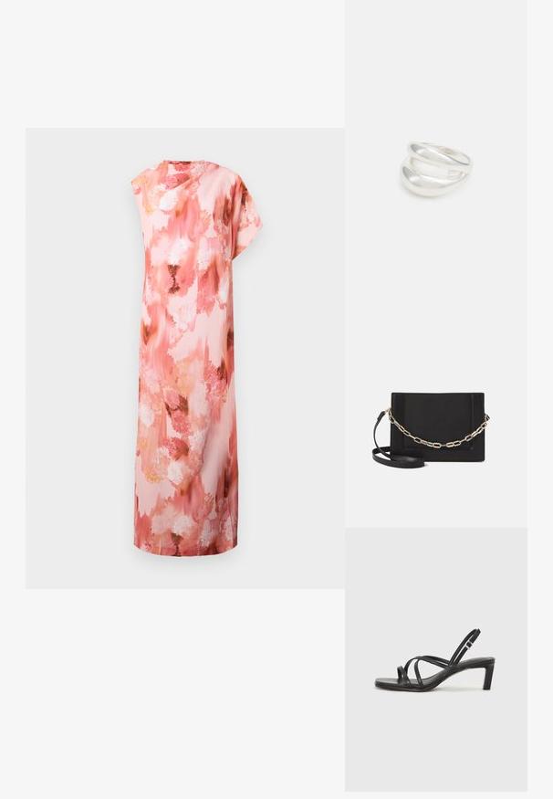 Kwiatowa maxi sukienka w delikatnych odcieniach różu i brzoskwini, z abstrakcyjnym wzorem akwarelowym, krótkimi rękawami i luźnym krojem.; Czarne sandały na obcasie z prostokątnym noskiem i niskim słupkowym obcasem. Posiadają wiele cienkich pasków i regulowany pasek na kostkę. Wykonane z gładkiej skóry.; Czarna skórzana torebka typu crossbody z gładką teksturą, prostokątnym kształtem oraz metalowym detalem w postaci łańcuszka z przodu. W zestawie regulowany pasek.; Srebrna obrączka podwójna z gładką, polerowaną powierzchnią. Posiada płynny, zakrzywiony kształt z nakładającymi się sekcjami, co nadaje nowoczesny wygląd.
