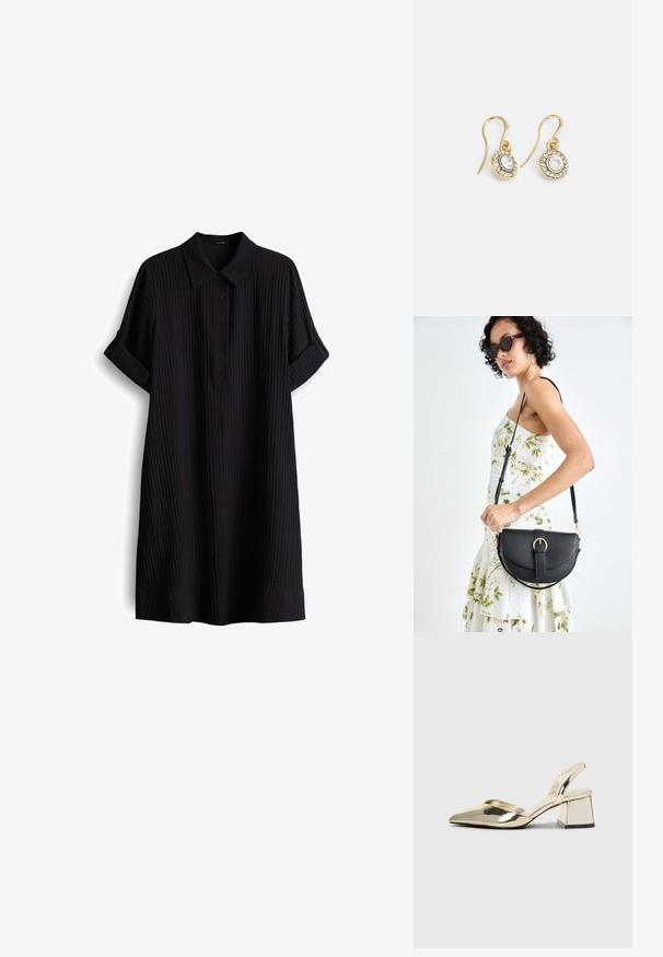 Abito nero a maniche corte con colletto, pattina con bottoni e texture a coste verticali. Lunghezza al ginocchio con risvolti.; Tacchi slingback metallici color oro con punta appuntita e tacco grosso. Texture liscia, design minimalista e una cinghia stretta.; Borsa a tracolla nera in pelle con una forma curva, manico rimovibile e accessori dorati. La borsa presenta una patta con un dettaglio a fibbia.; Orecchini color oro con cristalli trasparenti di forma ovale circondati da pietre più piccole e trasparenti, dotati di un design a gancio per una vestibilità sicura.