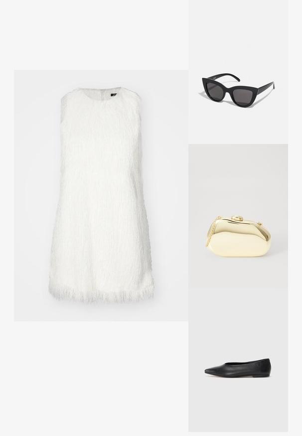 Bez piedurknēm baltā mini kleita ar teksturētu frinžu audumu un apaļu kakla izgriezumu, veidota pieguļošai siluetam.; Melna ādas baleta kurpe, ar norādītu purngalu, minimālisma dizains, gluda tekstūra, zema papēža augstums, bez redzamiem aksesuāriem vai rotājumiem.; Melnas kaķa acs saulesbrilles ar matētu apdari, ar pelēkiem tonētiem stikliem, izteiktiem stūriem un elegantiem sānu rokturiem. Zīmola nosaukums redzams uz iekšējā roktura.; Metāliska zelta maciņš ar gludu, noapaļotu formu, aprīkots ar augšējo pogu aizdari un mazu ķēdes siksniņu ērtai nēsāšanai.