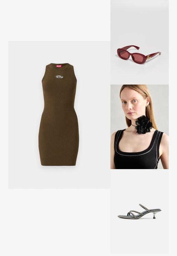 Ermeløs ribbestrikket brun kjole med rund hals, tettsittende silhuett, oval metalllogo-detalj på brystet, og rød merkelapp på innsiden av kragen.; Denimsandal med tre tynne stropper prydet med rhinestones, spiss tå og en metallisk, stiletto-lignende hæl. Antisklimateriale.; Røde plast solbriller med rektangulære rammer, tonede linser og en gullogo aksent på tempelmennene. Glatt, blank overflate.; Svart blomsterhalskjede laget av lagte kronblader, båret med en svart ribbet tanktopp med sølvdetaljer langs utringningen og skuldrene.