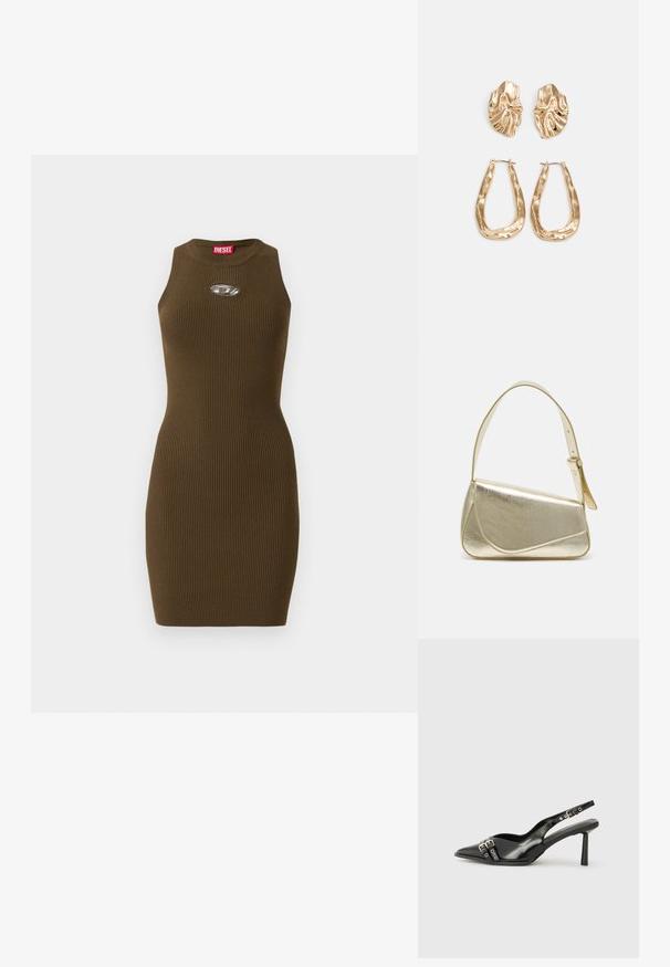 Vestido de malha castanho canelado, sem mangas, com decote redondo, silhueta ajustada, detalhe oval metálico no peito e etiqueta da marca em vermelho na gola.; Sapato slingback preto em pele patentada com bico apontado, tiras no tornozelo apresentando fivelas e acessórios prateados, e um salto elegante.; Bolsa de mão metálica dourada com um design estruturado, textura suave e alça ajustável. Apresenta uma forma triangular única e costura minimalista.; Brincos em tom de ouro com formas onduladas e texturizadas. Inclui studs escultóricos com presilha e um design de argola aberta com um acabamento martelado.