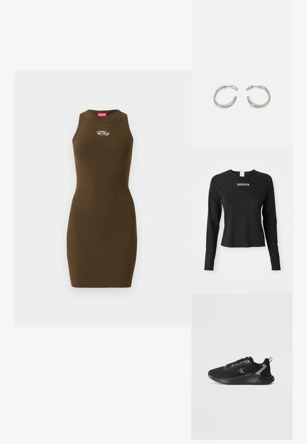 Ermeløs ribbestrikket brun kjole med rund hals, tettsittende silhuett, oval metalllogo-detalj på brystet, og rød merkelapp på innsiden av kragen.; Svarte langermede mesh-top med rund hals, med hvit "CALVIN KLEIN" logo sentrert på brystet.; Svart lavtoppaid sneakers med pustende mesh, snøret design, teksturert såle og "cK" logo på siden.; Sølv hoop øredobber med en glatt, avrundet design og en elegant, polert finish. Har en minimalistsk form med en liten åpning.