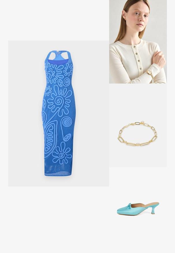 Blue, sleeveless dress featuring textured floral designs, crafted from a mesh material. It has a fitted silhouette and a knee-length hem.; Aqua satin mule with a square toe, accent bow detail, and a short, chunky heel. Smooth texture and minimalistic design.; Cream ribbed long-sleeve top with five button placket. Model wears a gold watch with a square face and chain link band.; Gold chain bracelet featuring elongated links, clear gem accents, and a lobster clasp, with a smooth, polished finish.