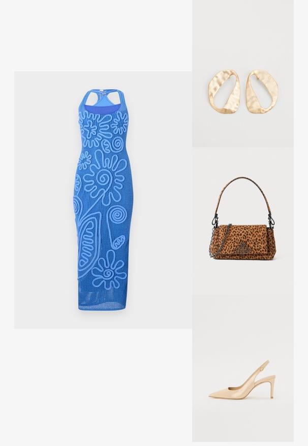 Rochie albastră, fără mâneci, cu design texturat floral, realizată dintr-un material tip plasă. Are o siluetă ajustată și o margine până la genunchi.; Pantofii cu toc slingback din piele patent nud, cu vârf ascuțit, vamp deschis și toc subțire stilettos. Prezintă un accent circular auriu pe curea.; Geantă de mână cu imprimeu leopard, realizată din suede, cu o mânere scurtă, un curea din lanț și un închizător din metal negru. Formă rectangulară cu închidere prin clapetă.; O pereche de cercei din metal de culoare aurie, cu formă ovală neregulată, având o suprafață texturată, ușor ciocănită, pe un fundal alb.