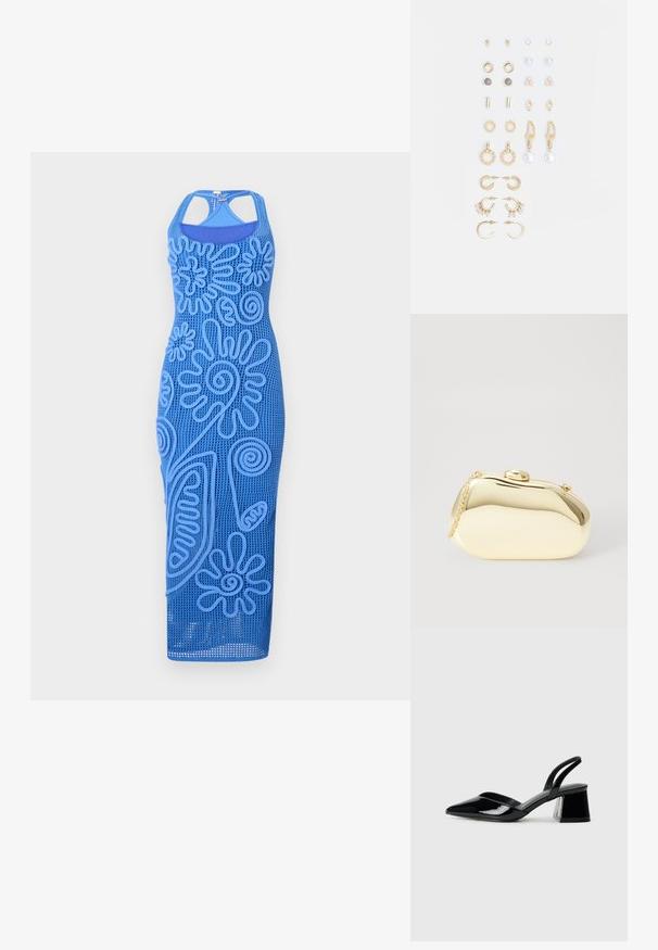 Kék, ujjatlan ruha, amely texturált virágmintákkal van díszítve, hálós anyagból készült. Feszes fazonú és térd alá ér.; Fekete lakk bőr szandálkés magas sarkú cipő, hegyes orral és geometrikus tömbsarkakkal. Karcsú, minimalista dizájn és sima textúra jellemzi.; Fémes arany színű kistáska sima, lekerekített formával, tetején gombos záródással és kis láncfogóval a hordozáshoz.; Arany tónusú fülbevalók szettje, amely különféle mintákat tartalmaz, beleértve a stift fülbevalókat, karikákat és gyöngyökkel és strasszokkal díszített hosszú fülbevalókat.