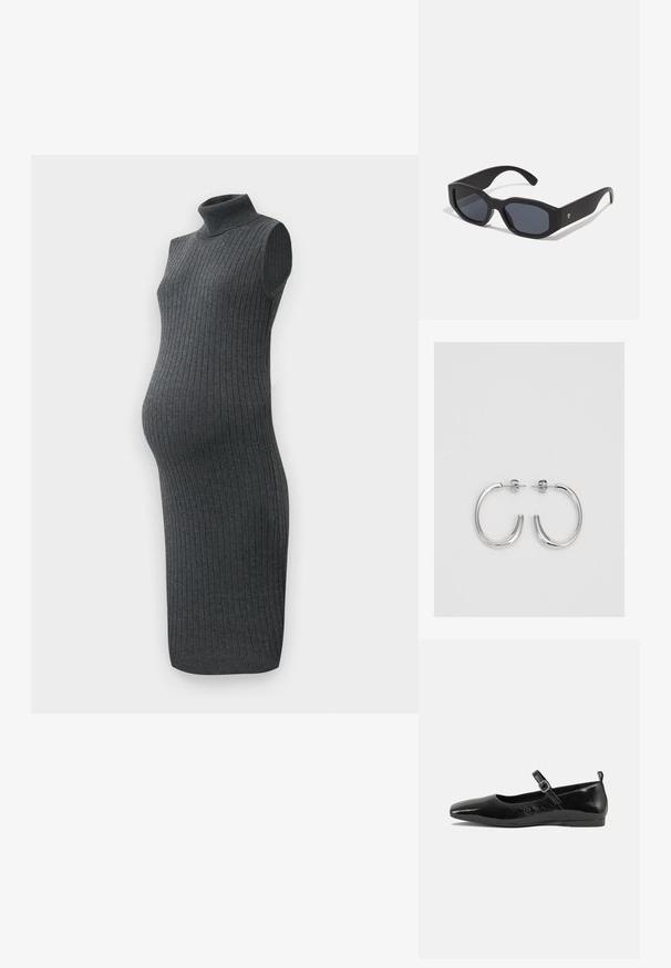 Czarna dzianinowa sukienka ciążowa z golfem, żebrowana tekstura, bez rękawów oraz dopasowany krój.; Czarne lakierowane baleriny z ostro zakończonym noskiem, paskiem na kostkę z klamrą oraz gładką, błyszczącą teksturą. Niski obcas dla wygody.; Czarne okulary przeciwsłoneczne z prostokątnymi oprawkami, matowym wykończeniem, ciemnymi soczewkami i lekko wygiętymi zausznikami. Dyskretny akcent logo na jednym zauszniku.; Srebrne kolczyki na biglu o gładkim, błyszczącym wykończeniu. O zaokrąglonym kształcie, lekkim designie, z zamknięciem na zatrzask.