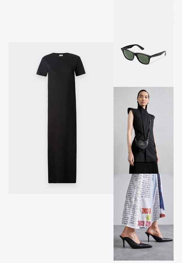 Mustmust, põlve pikkusega kleit pehmest kangast. Omab lühikesi varrukaid, ümmargust kaelust ja sirget siluetti ilma lisamustriteta.; Mustad nahast mulesid terava varbaga ja stilletokontsaga, kombineeritud valge mustriga rõivaga, millel on lõhiku üksikasjad.; Mustad mustan plastiku prillid roheliste läätsedega, ruudukujulised raamid, hõbedane aksent kulmude peal ja tekstuuriga tempelkäed. Brändi nimi on märgitud sisevarrele.; Must mustrõhutu must topp, millel on struktureeritud õlad, koos musta nahast südamekujulise õlakotiga, millel on hõbedased detailid ja logo.