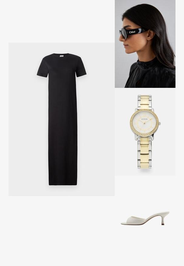 Rochie neagră, până la genunchi, dintr-un material moale. Are mâneci scurte, guler rotund și o siluetă dreaptă, fără modele suplimentare.; Mule-uri albe cu vârf deschis, cu toc înalt, cu un finisaj neted, design minimalist și un toc subțire, având un accent subtil de culoare maroniu pe talpă.; Ochelari de soare negri cu lentile rotunde și rame îndrăznețe, unghiulare, având marca "Chloé" în alb pe lateral. Finisaj neted și lucios.; Ceas rotund din oțel inoxidabil cu brățară din linkuri metalice argintii și aurii. Dialul alb are accente aurii și un bezel încrustat cu cristale.