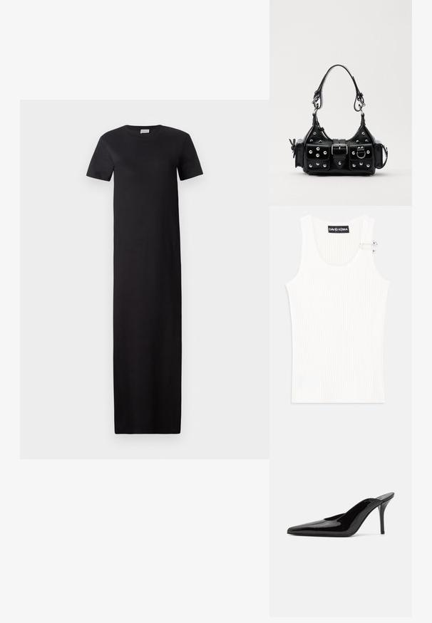 Černé šaty do půli stehen vyrobené z měkké tkaniny. Mají krátké rukávy, kulatý výstřih a rovný siluetu bez dalších vzorů.; Bílý žebrovaný tílko s kulatým výstřihem a kovovým detailem na rameni. Měkká textura, přiléhavý střih a bezrukávový styl.; Černé lakované kožené muly na vysokém podpatku s špičatou špičkou a elegantním siluetou, s otevřenou zadní částí a štíhlým stiletto podpatkem.; Černá kožená kabelka s křivkovým designem, zdobená stříbrnými hřebíky, s přezkou a dvěma bočními kapsami. Nastavitelný popruh pro různé možnosti nošení.
